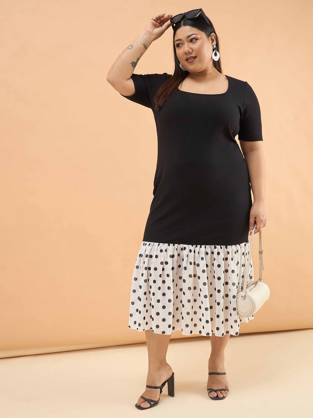 Black Rib Polka Hem Frill Bodycon Midi Dress