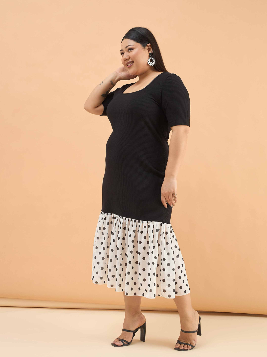 Black Rib Polka Hem Frill Bodycon Midi Dress