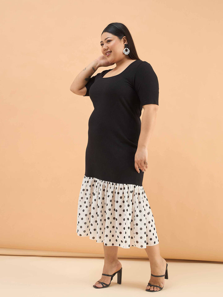 Black Rib Polka Hem Frill Bodycon Midi Dress