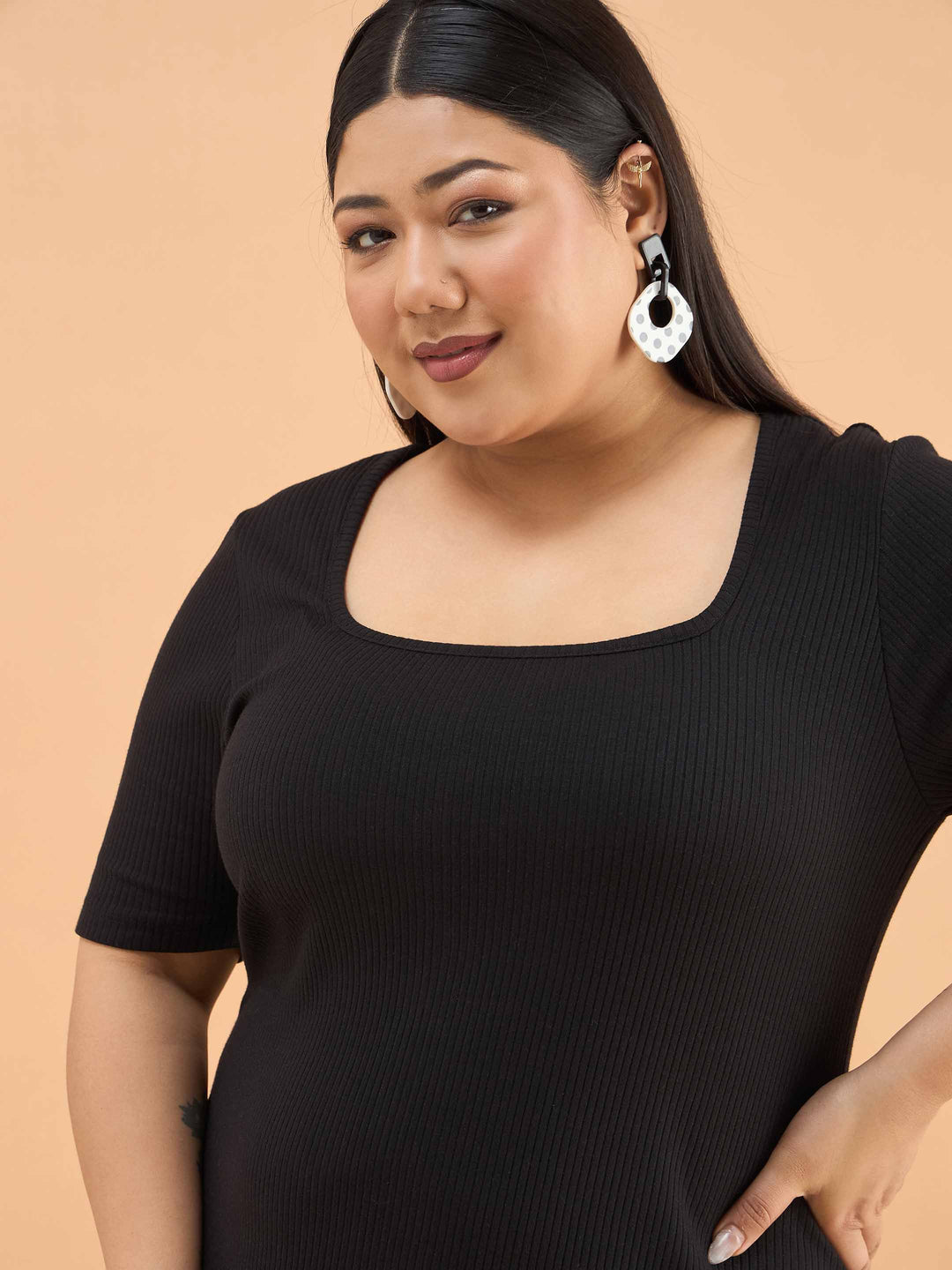 Black Rib Polka Hem Frill Bodycon Midi Dress