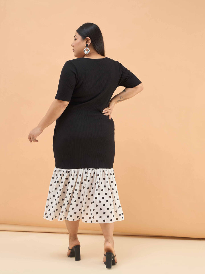 Black Rib Polka Hem Frill Bodycon Midi Dress