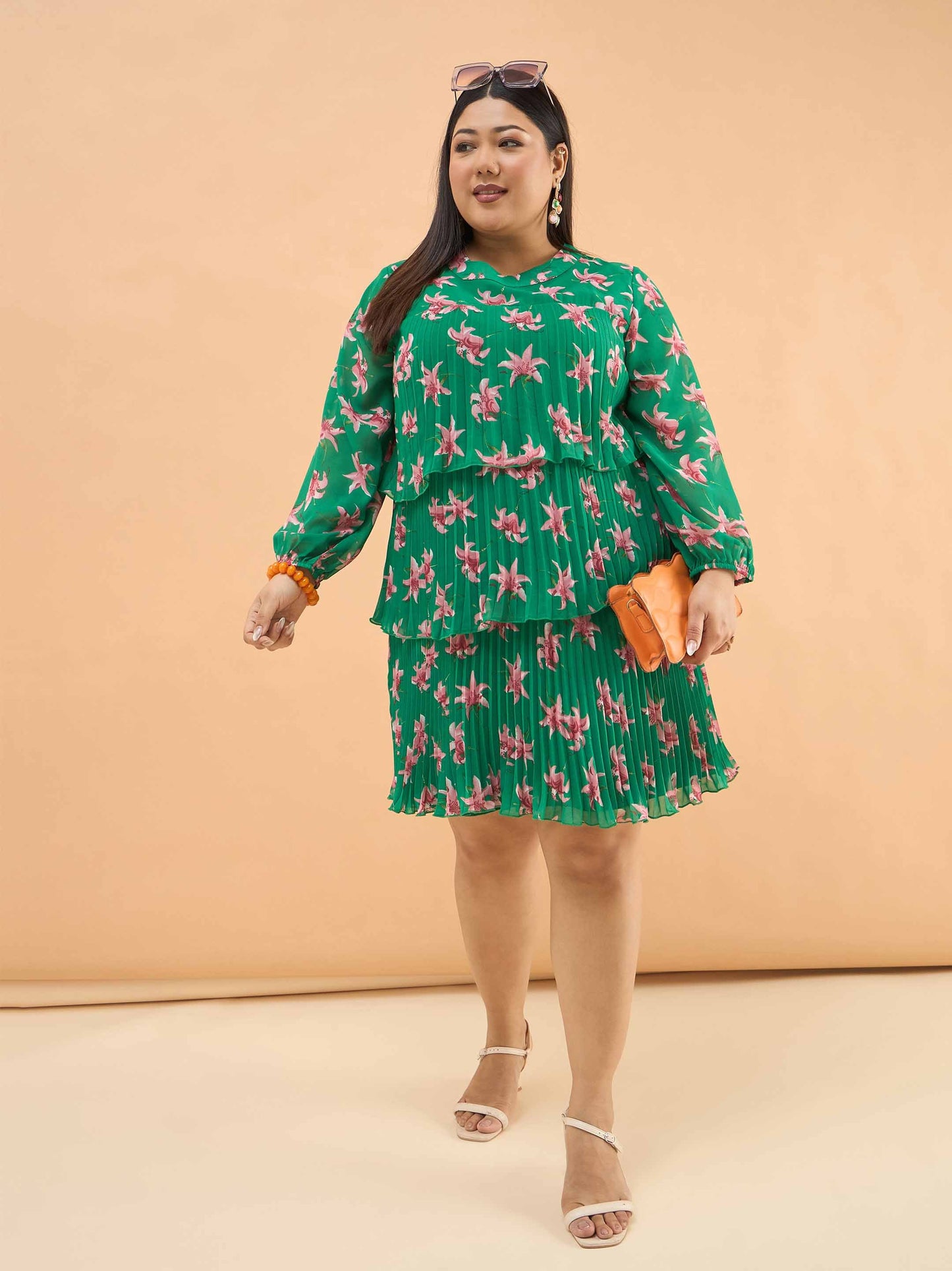 Green Floral Pleated Skater Tiered Dress