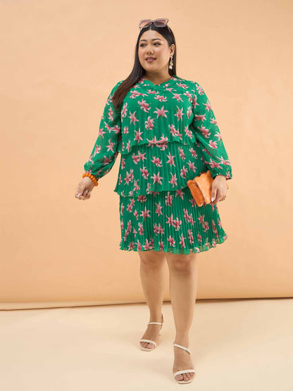 Green Floral Pleated Skater Tiered Dress