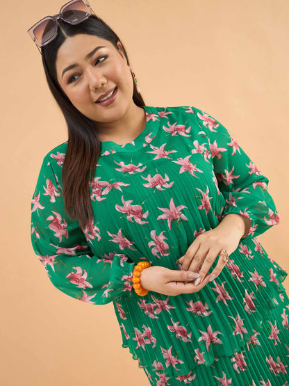 Green Floral Pleated Skater Tiered Dress