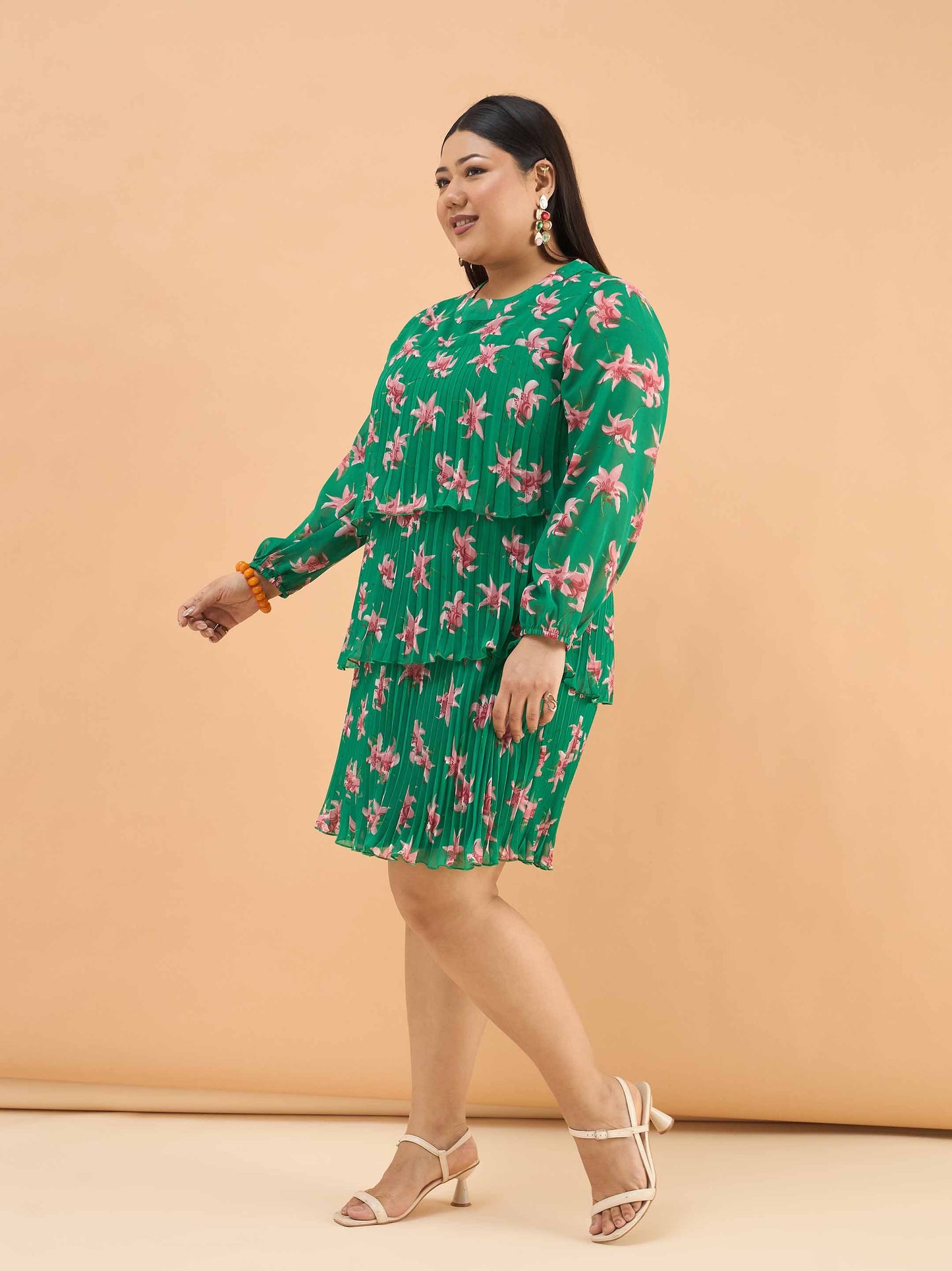 Green Floral Pleated Skater Tiered Dress