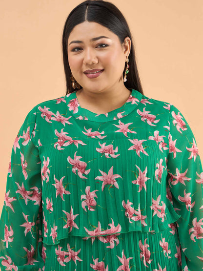 Green Floral Pleated Skater Tiered Dress