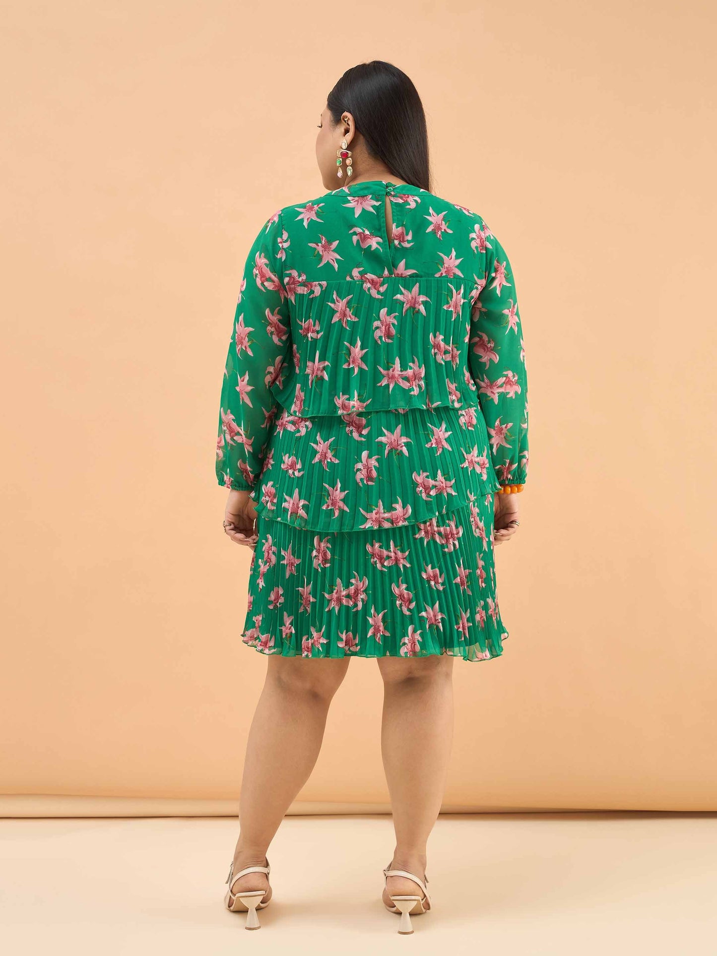 Green Floral Pleated Skater Tiered Dress