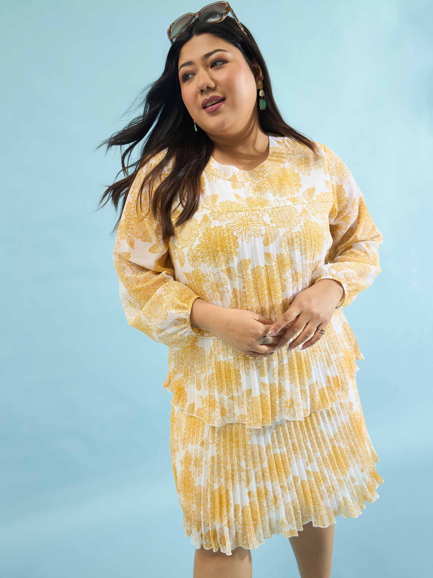 Yellow Floral Pleated Skater Tiered Dress