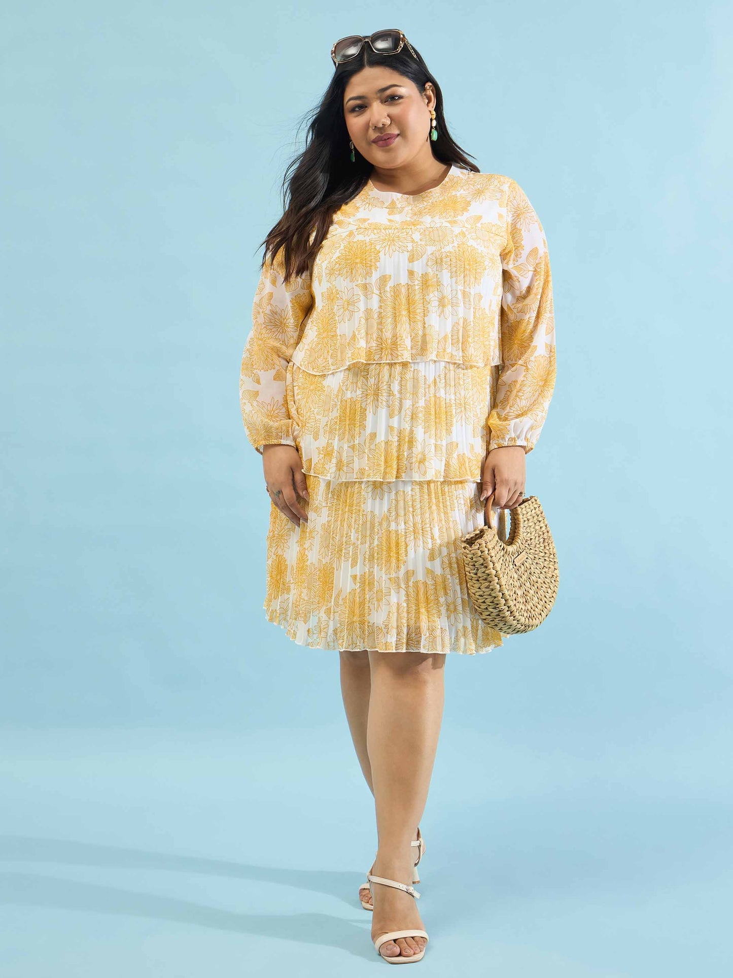 Yellow Floral Pleated Skater Tiered Dress