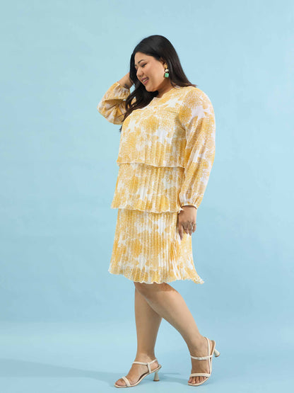 Yellow Floral Pleated Skater Tiered Dress