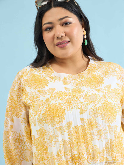 Yellow Floral Pleated Skater Tiered Dress