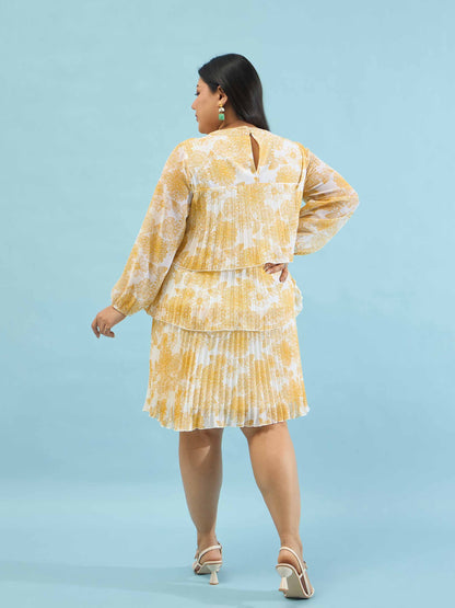 Yellow Floral Pleated Skater Tiered Dress