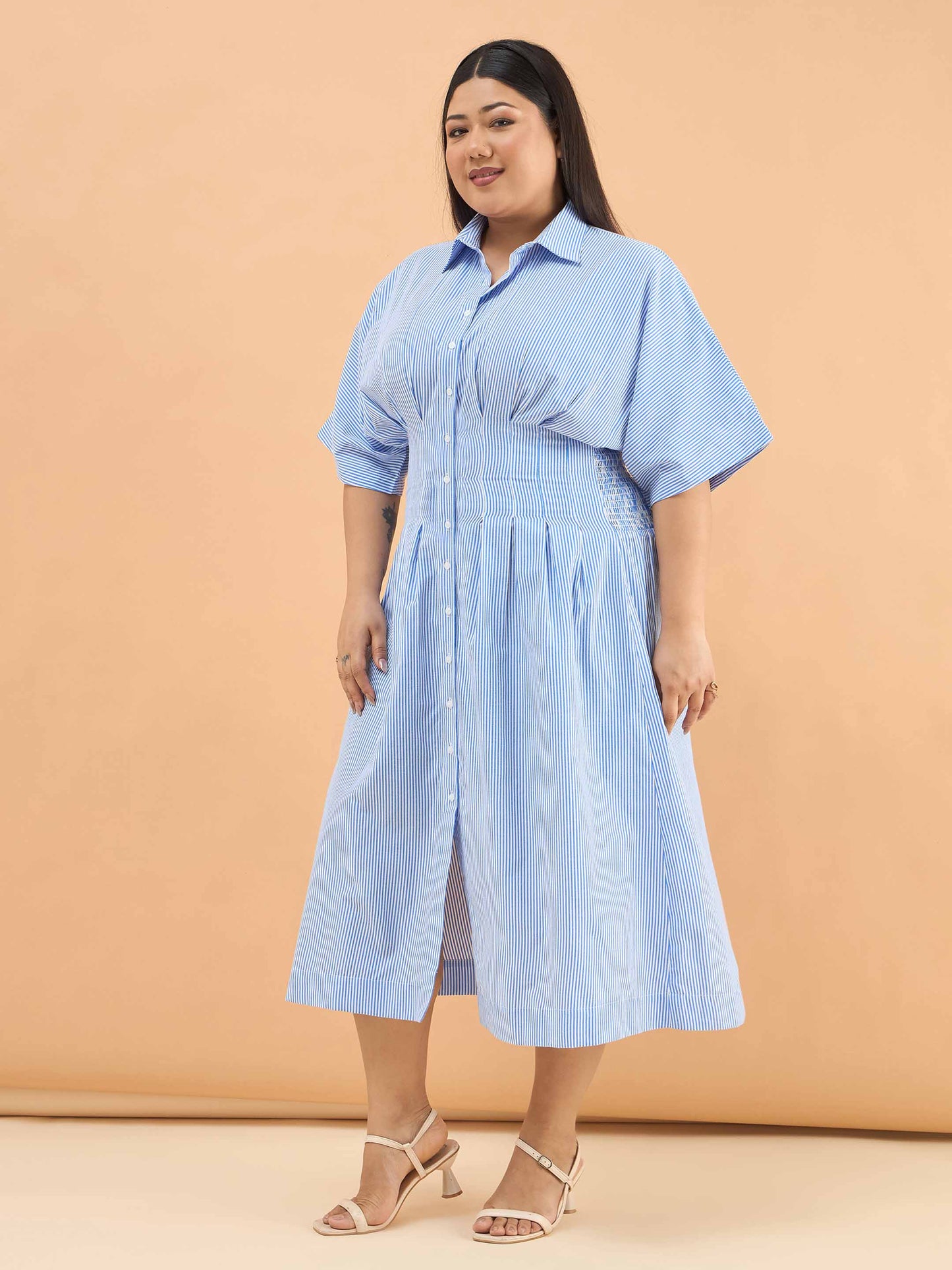 Navy Stripes Button Down Smoking Midi Dress