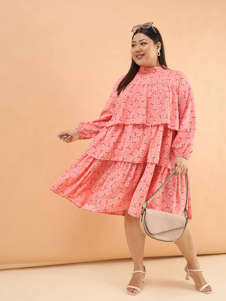 Peach Ditsy Floral Pleated Skater Tiered Dress