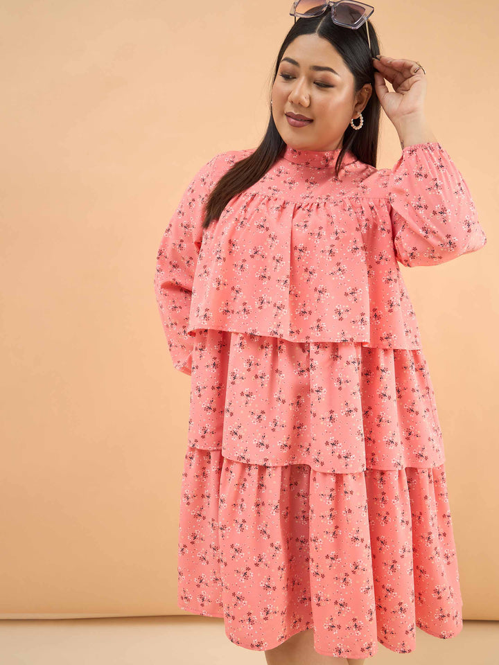 Peach Ditsy Floral Pleated Skater Tiered Dress