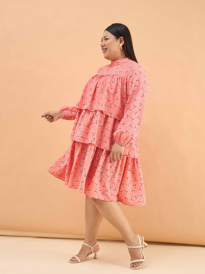 Peach Ditsy Floral Pleated Skater Tiered Dress