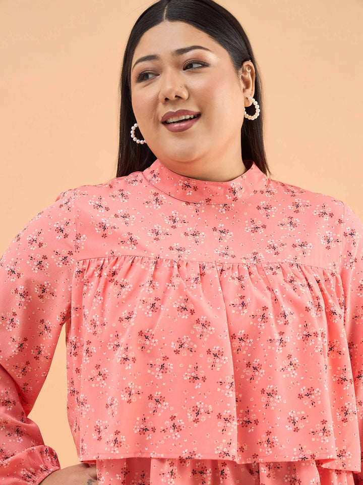 Peach Ditsy Floral Pleated Skater Tiered Dress