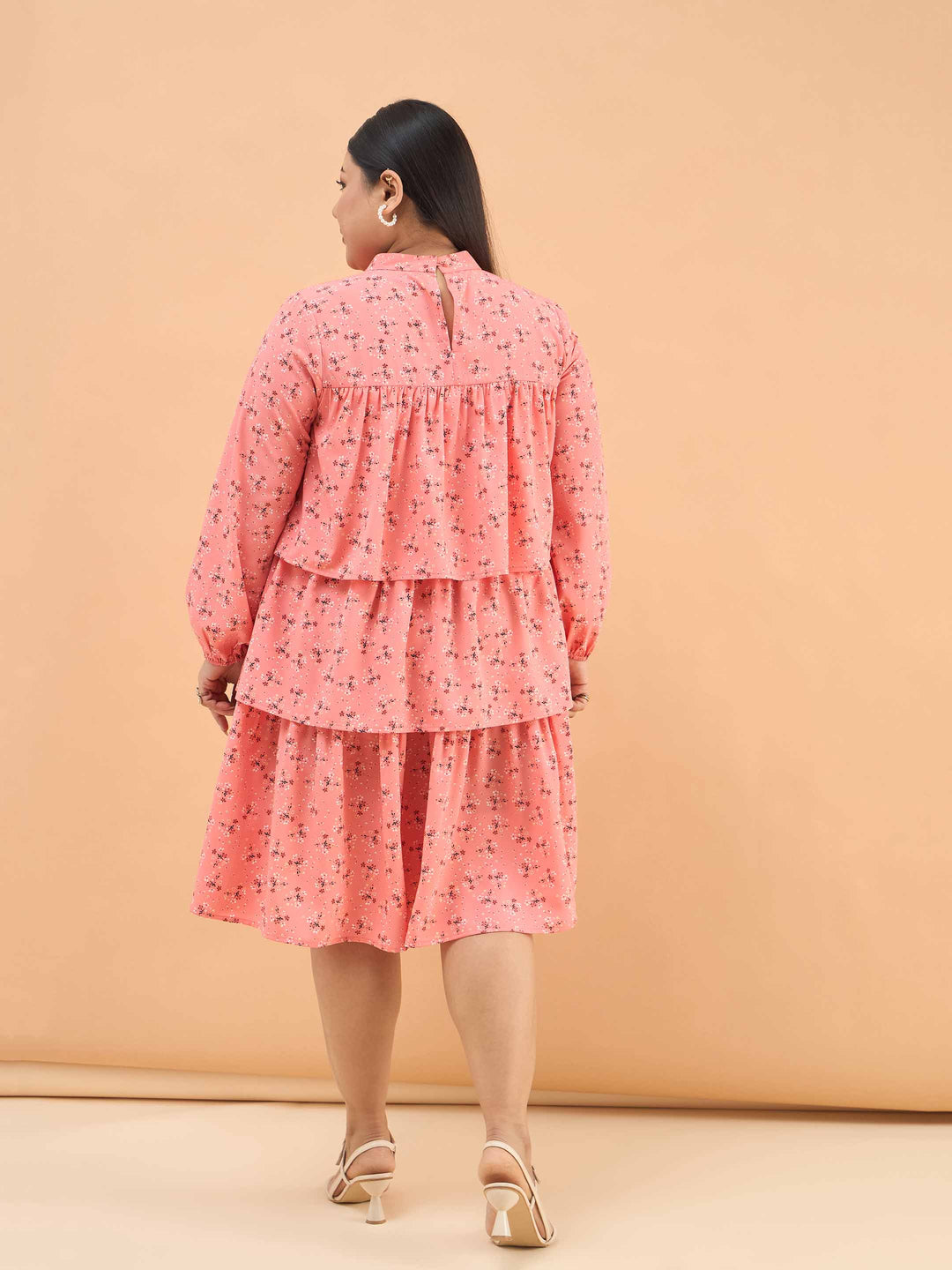 Peach Ditsy Floral Pleated Skater Tiered Dress
