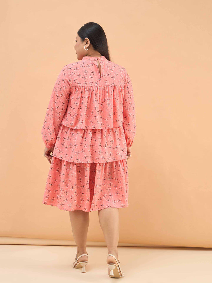 Peach Ditsy Floral Pleated Skater Tiered Dress