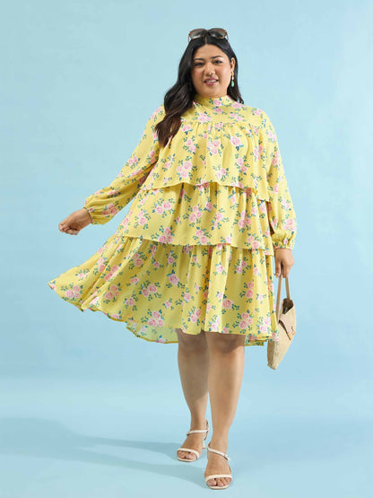 Yellow Floral Skater Tiered Dress