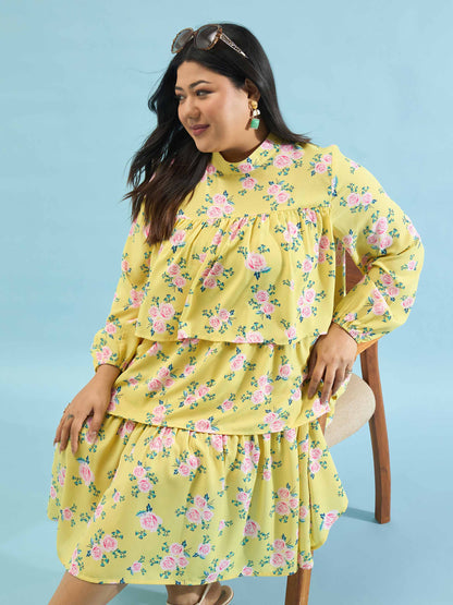 Yellow Floral Skater Tiered Dress