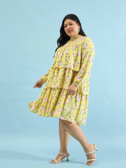 Yellow Floral Skater Tiered Dress