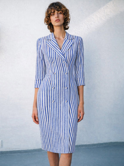 Blue Linen Striped Double Breasted Blazer Dress