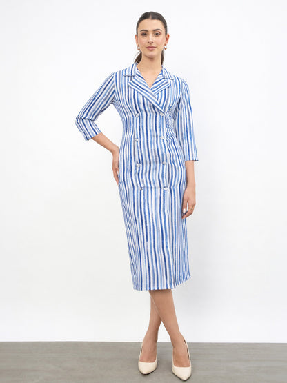 Blue Linen Striped Double Breasted Blazer Dress