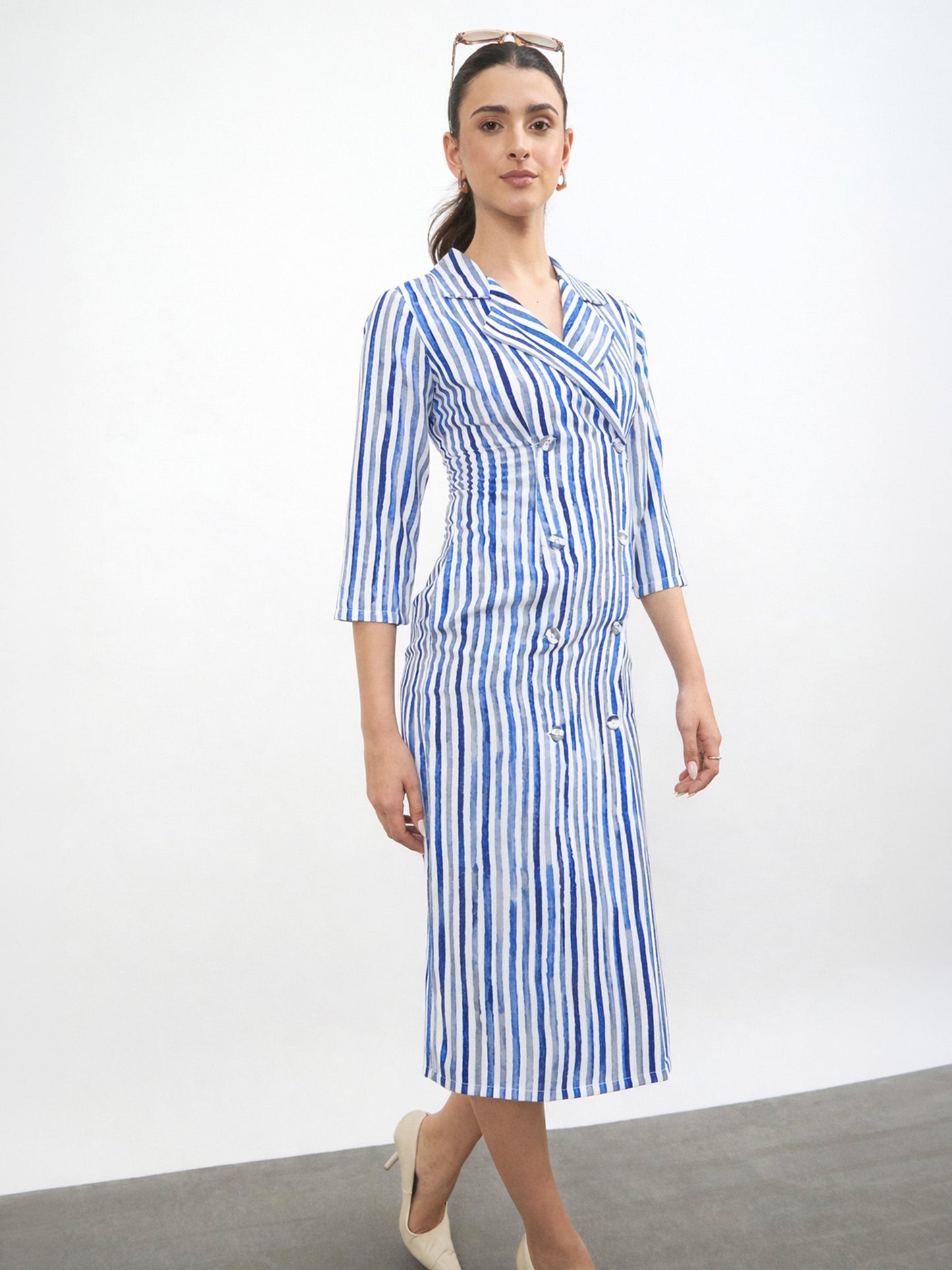 Blue Linen Striped Double Breasted Blazer Dress