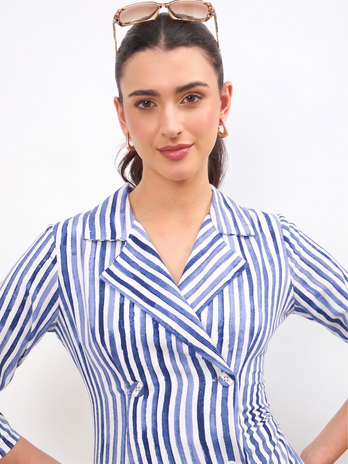 Blue Linen Striped Double Breasted Blazer Dress