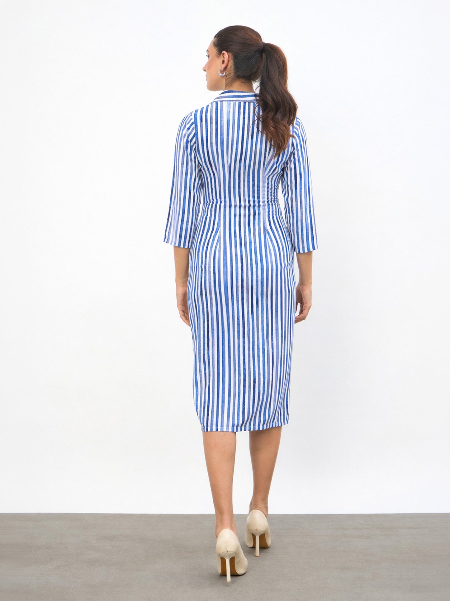 Blue Linen Striped Double Breasted Blazer Dress