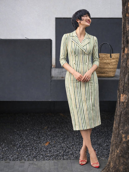 Green Linen Striped Double Breasted Blazer Dress