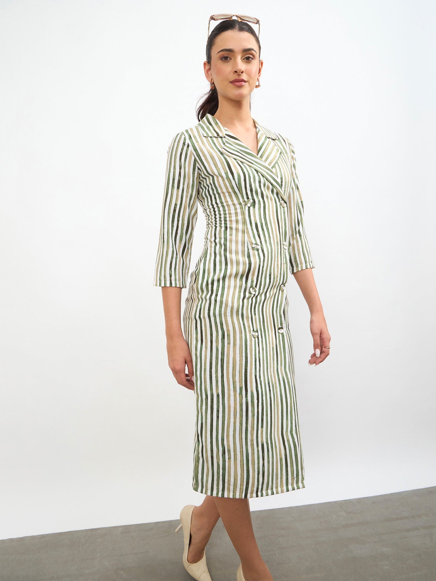 Green Linen Striped Double Breasted Blazer Dress
