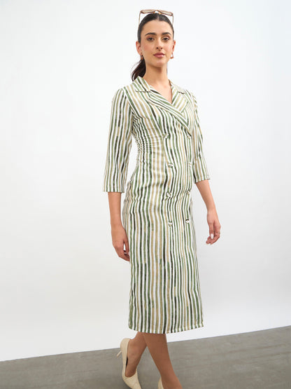 Green Linen Striped Double Breasted Blazer Dress