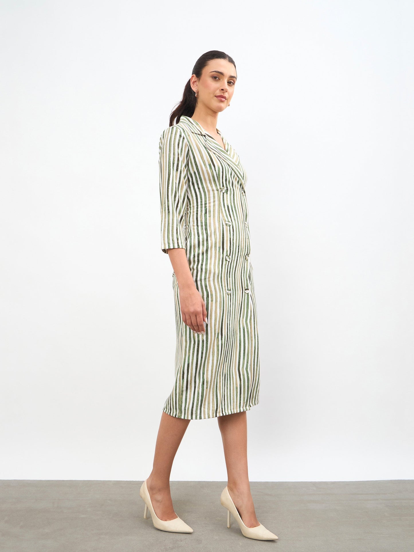 Green Linen Striped Double Breasted Blazer Dress