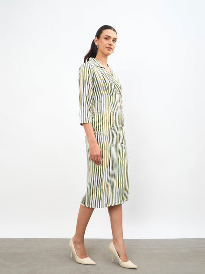 Green Linen Striped Double Breasted Blazer Dress