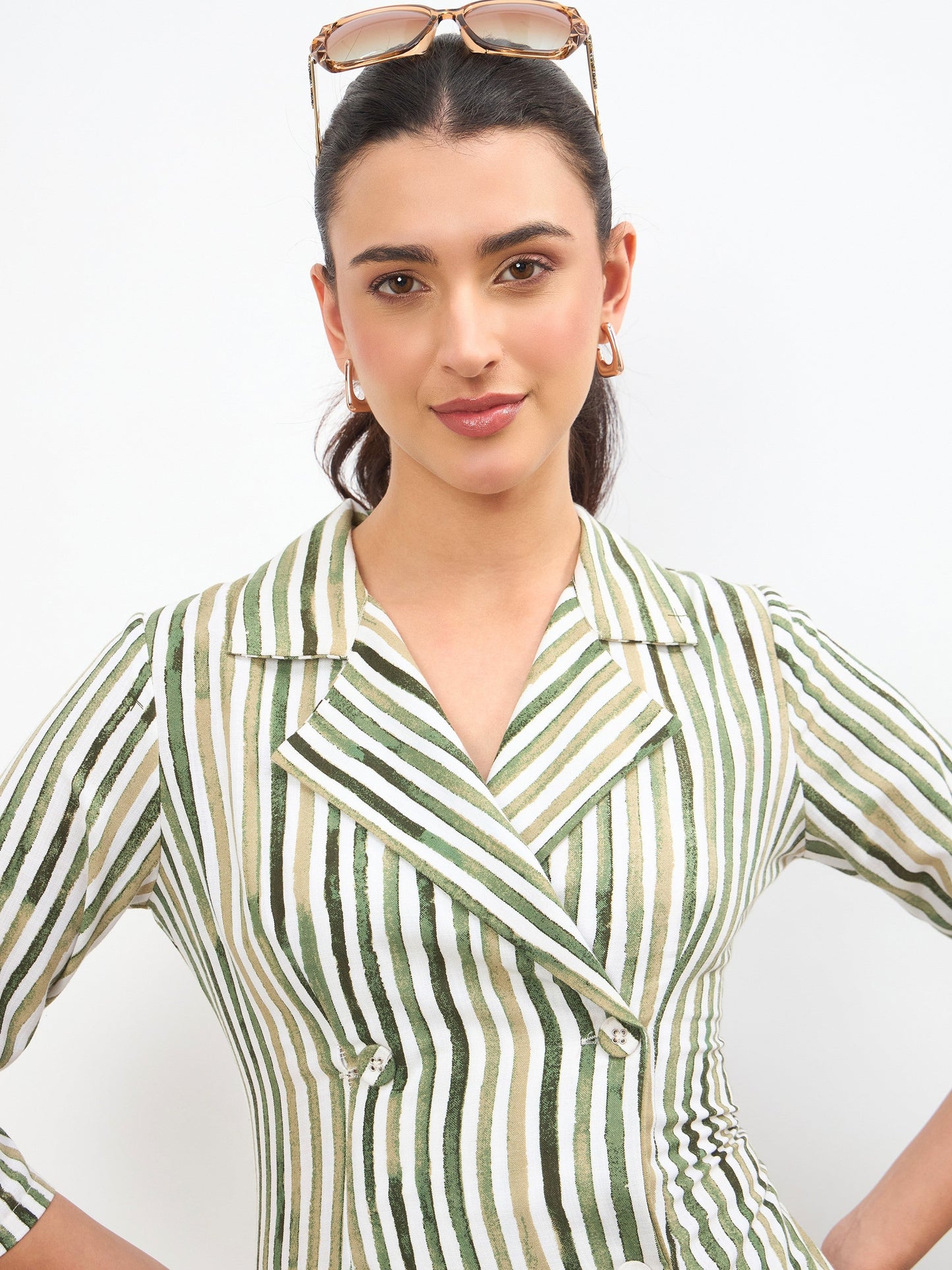 Green Linen Striped Double Breasted Blazer Dress