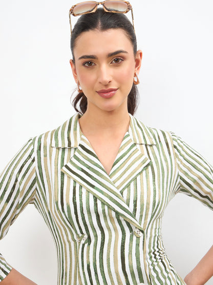 Green Linen Striped Double Breasted Blazer Dress