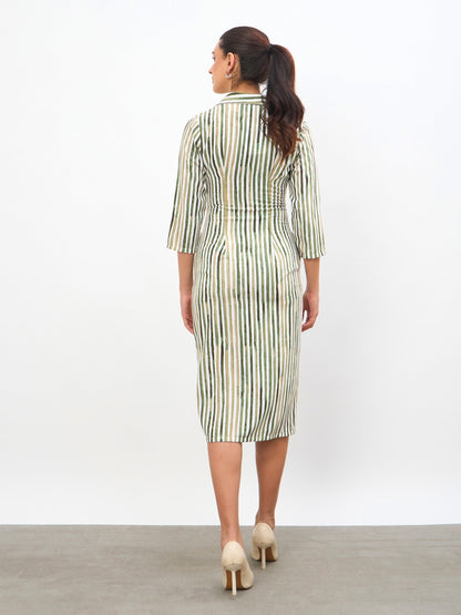 Green Linen Striped Double Breasted Blazer Dress
