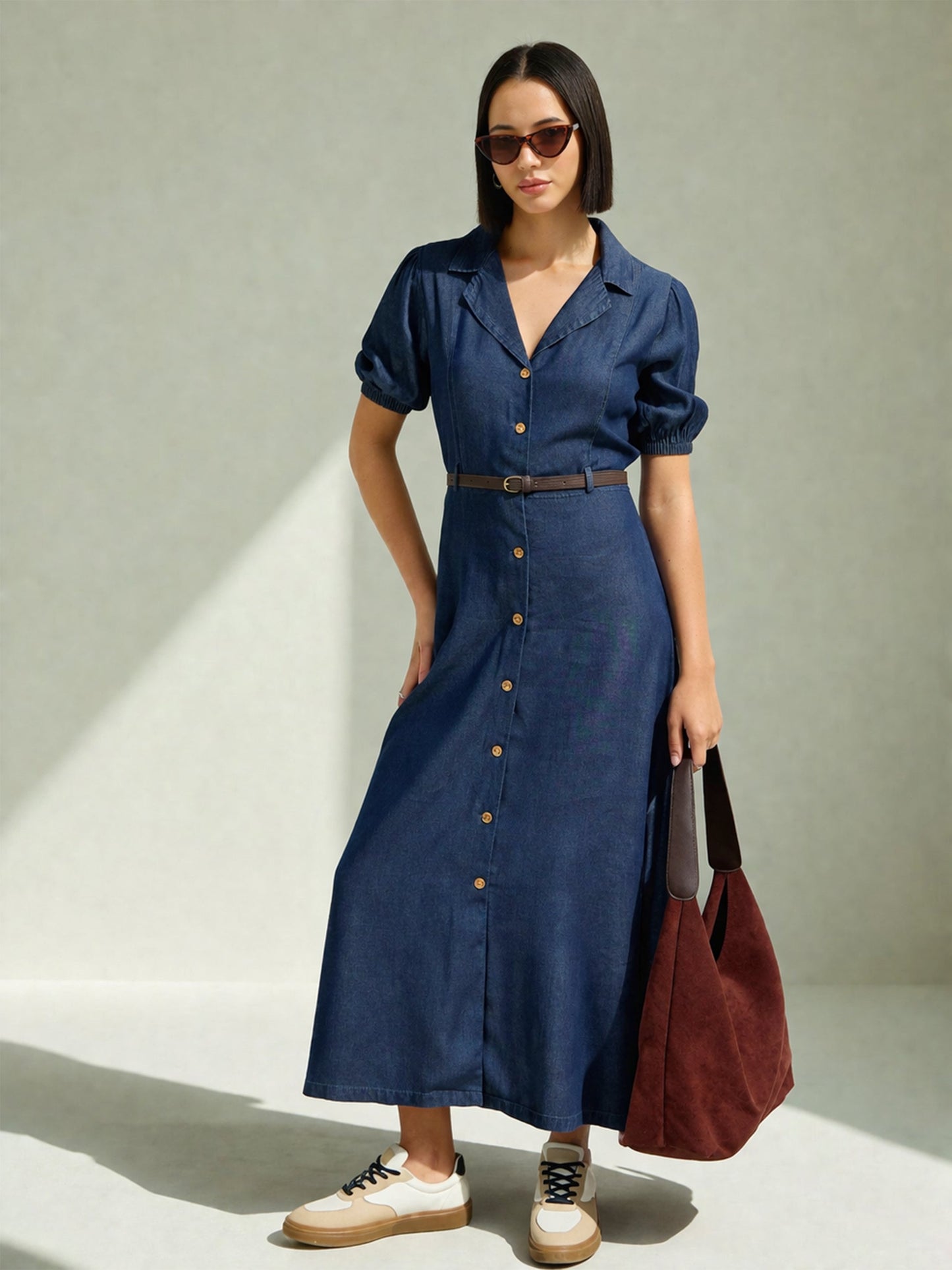 Navy Notch Collar Front Button Down Midi Dress