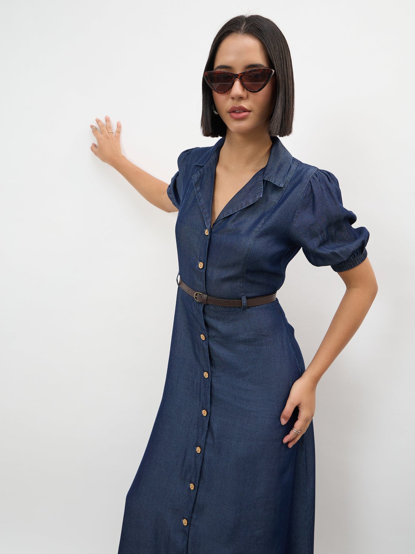 Navy Notch Collar Front Button Down Midi Dress