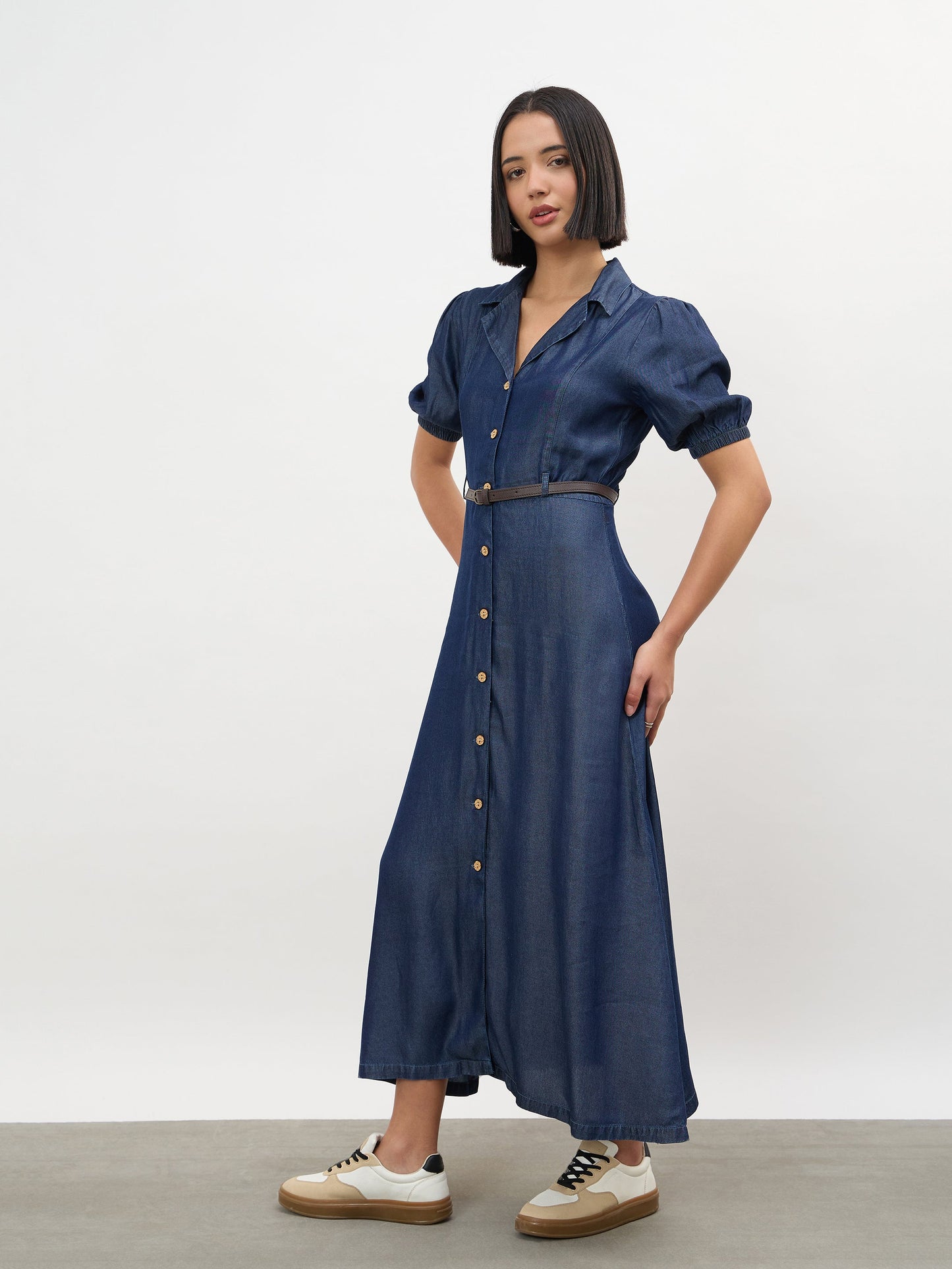 Navy Notch Collar Front Button Down Midi Dress