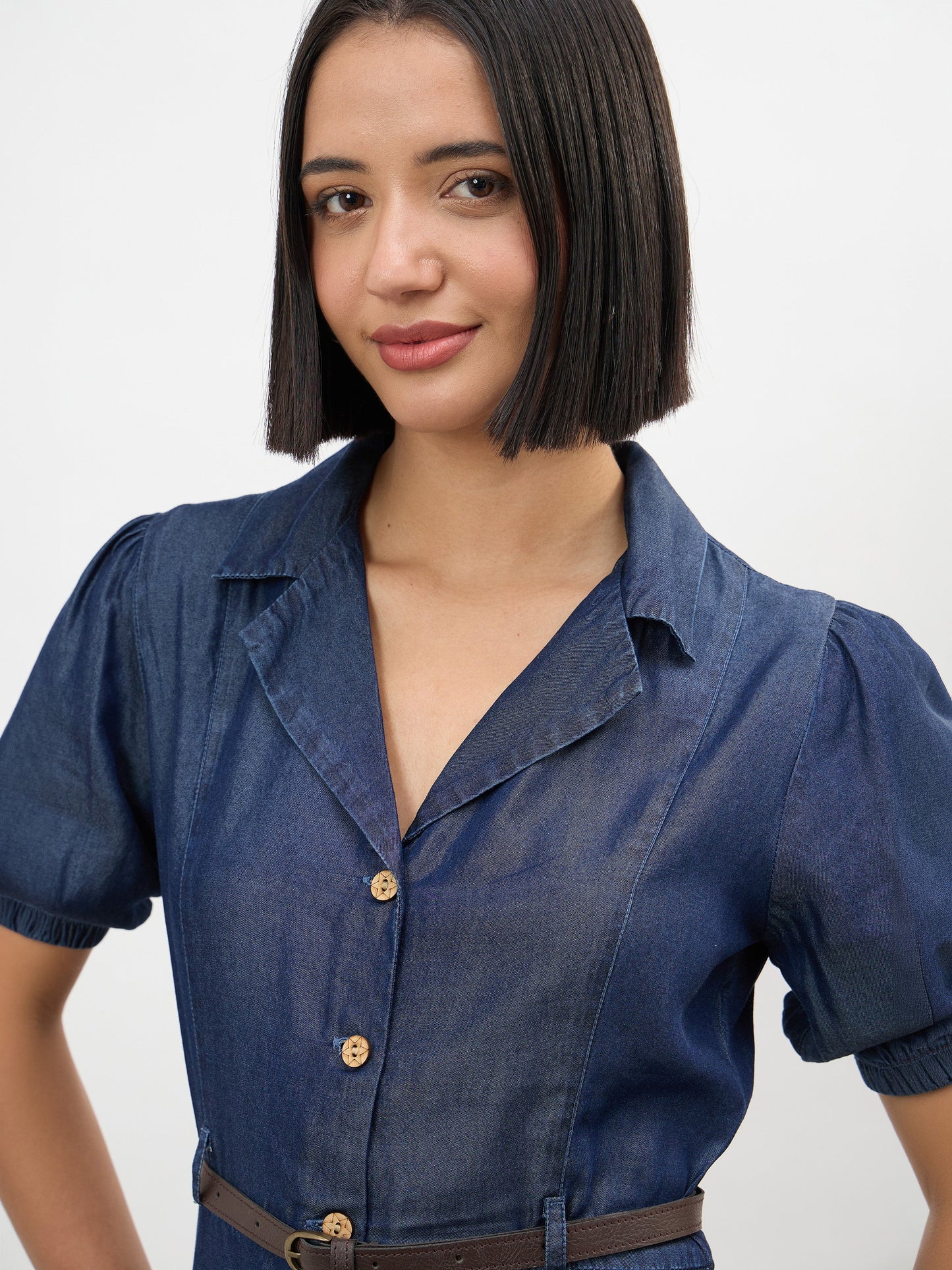 Navy Notch Collar Front Button Down Midi Dress