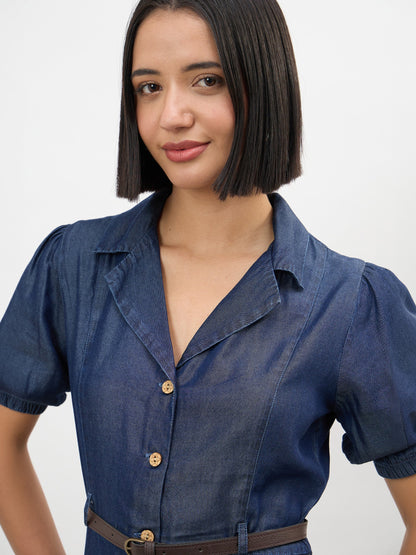 Navy Notch Collar Front Button Down Midi Dress