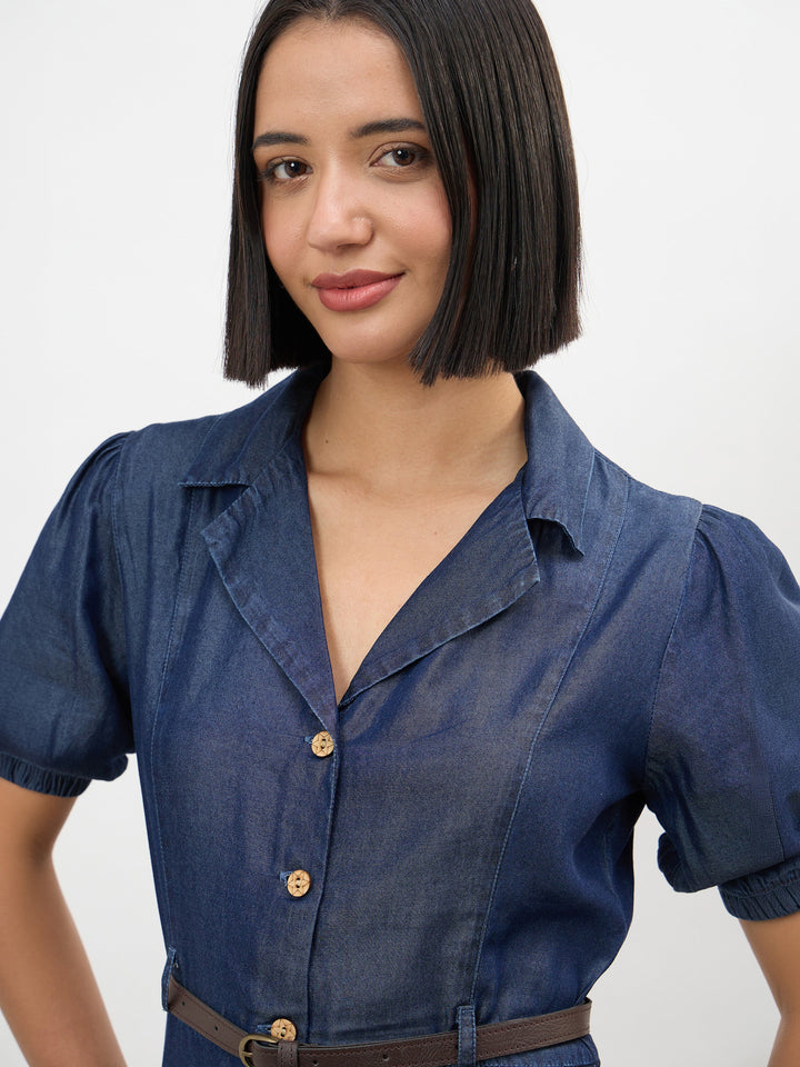 Navy Notch Collar Front Button Down Midi Dress