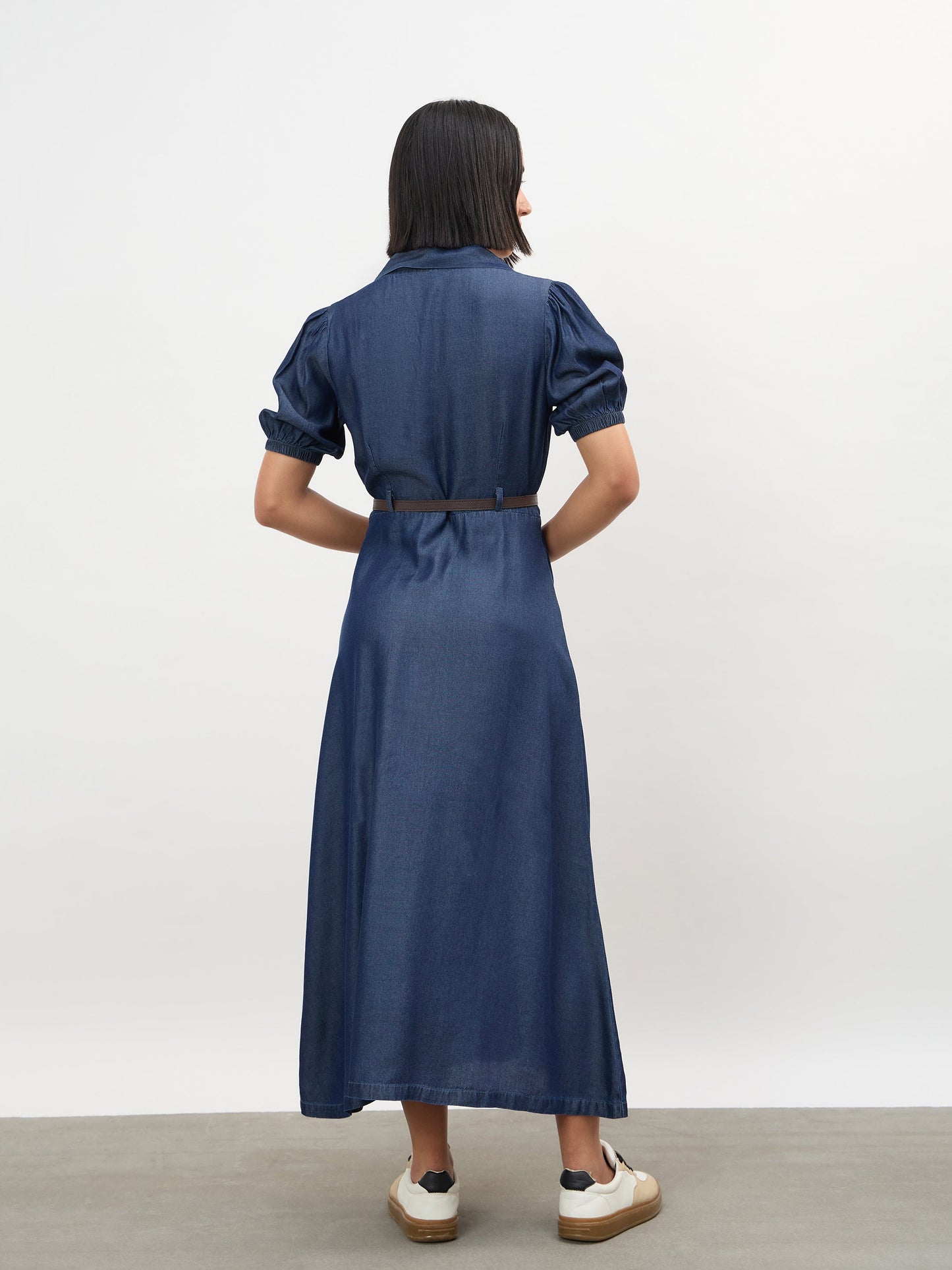 Navy Notch Collar Front Button Down Midi Dress