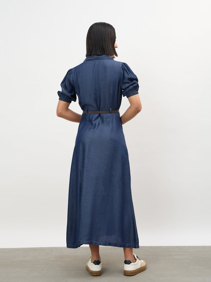 Navy Notch Collar Front Button Down Midi Dress