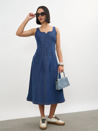 Navy Blue Sweetheart Neck A-Line Midi Dress