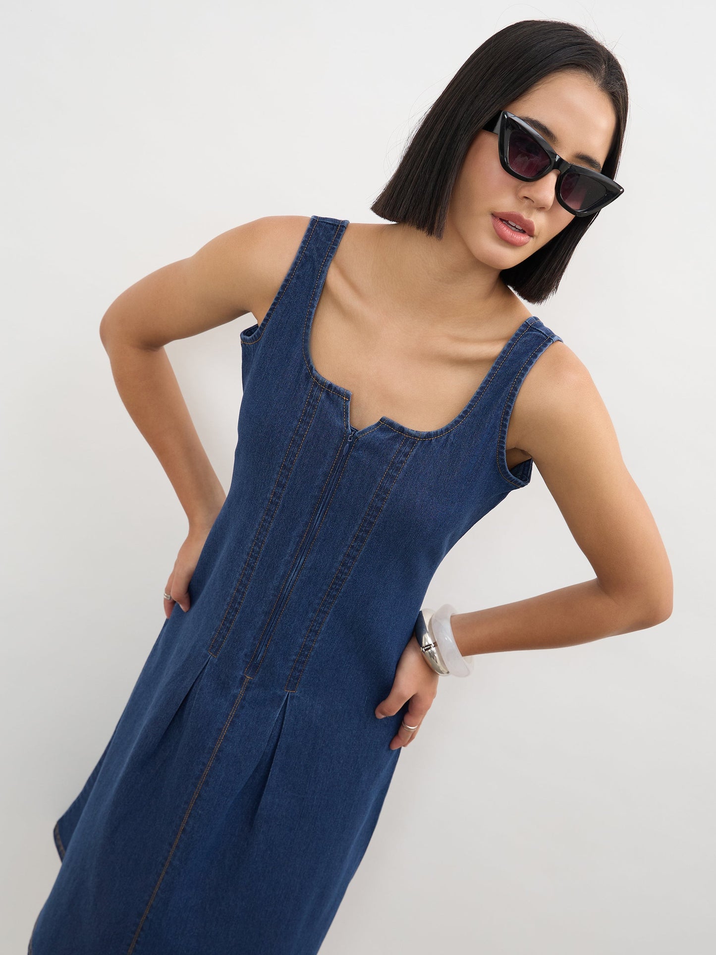 Navy Blue Sweetheart Neck A-Line Midi Dress