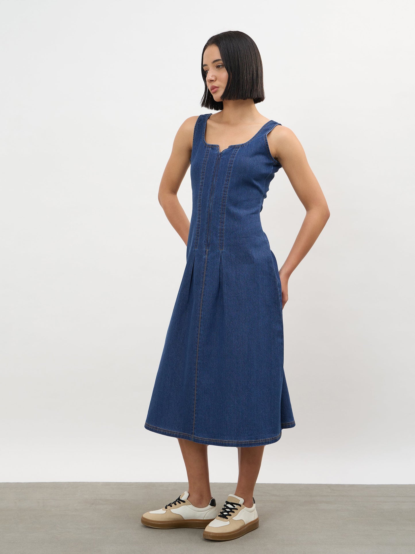 Navy Blue Sweetheart Neck A-Line Midi Dress